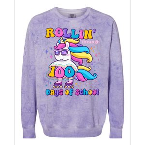 Rollin Through 100 Days Of School Roller Skating Unicorn Colorblast Crewneck Sweatshirt