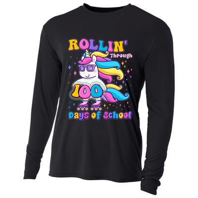 Rollin Through 100 Days Of School Roller Skating Unicorn Cooling Performance Long Sleeve Crew