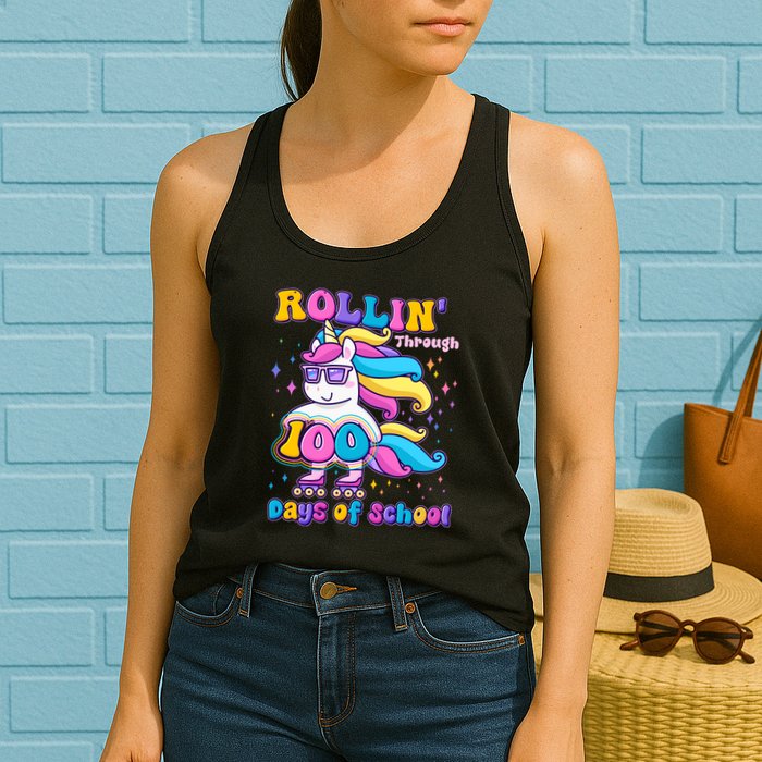 Rollin Through 100 Days Of School Roller Skating Unicorn Womens Tank Top