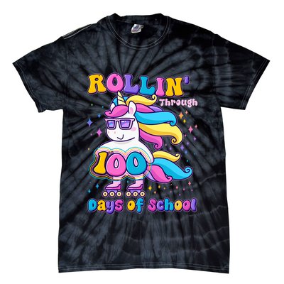 Rollin Through 100 Days Of School Roller Skating Unicorn Tie-Dye T-Shirt