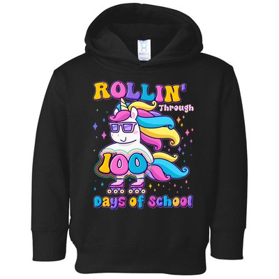 Rollin Through 100 Days Of School Roller Skating Unicorn Toddler Hoodie