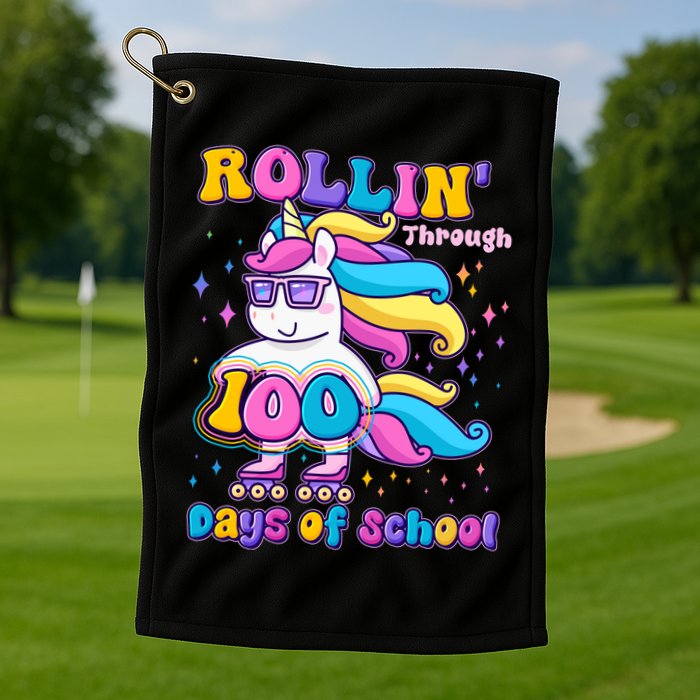 Rollin Through 100 Days Of School Roller Skating Unicorn Golf Towel