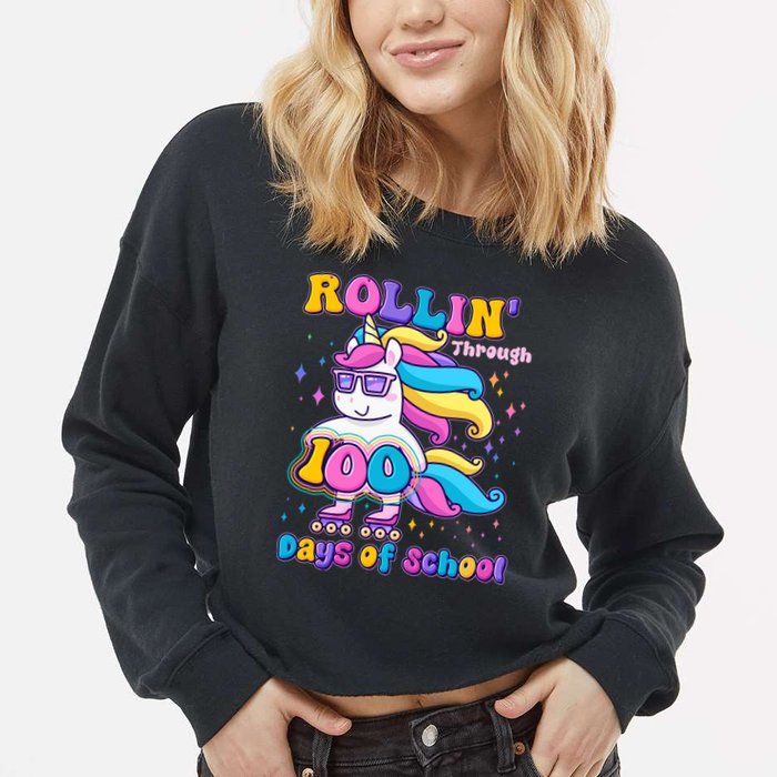 Rollin Through 100 Days Of School Roller Skating Unicorn Cropped Pullover Crew