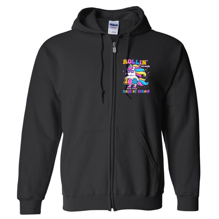 Rollin Through 100 Days Of School Roller Skating Unicorn Full Zip Hoodie