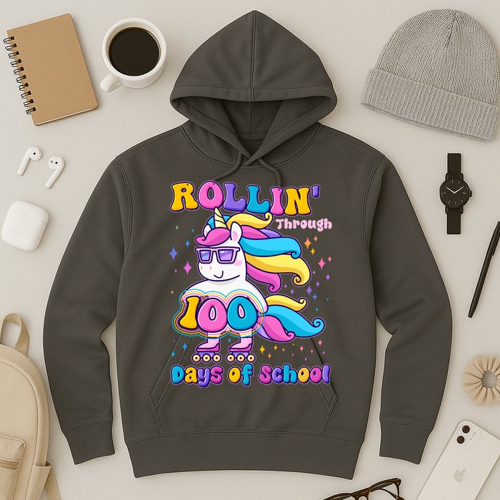 Rollin Through 100 Days Of School Roller Skating Unicorn Hoodie