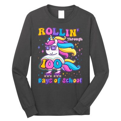 Rollin Through 100 Days Of School Roller Skating Unicorn Long Sleeve Shirt