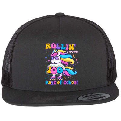 Rollin Through 100 Days Of School Roller Skating Unicorn Flat Bill Trucker Hat