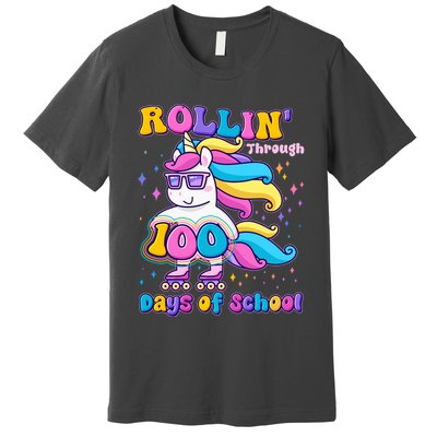 Rollin Through 100 Days Of School Roller Skating Unicorn Premium T-Shirt