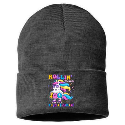 Rollin Through 100 Days Of School Roller Skating Unicorn Sustainable Knit Beanie