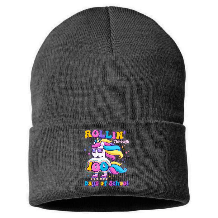 Rollin Through 100 Days Of School Roller Skating Unicorn Sustainable Knit Beanie