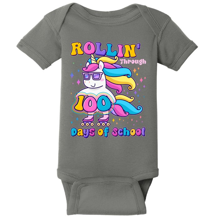 Rollin Through 100 Days Of School Roller Skating Unicorn Baby Bodysuit