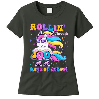 Rollin Through 100 Days Of School Roller Skating Unicorn Womens T-Shirt