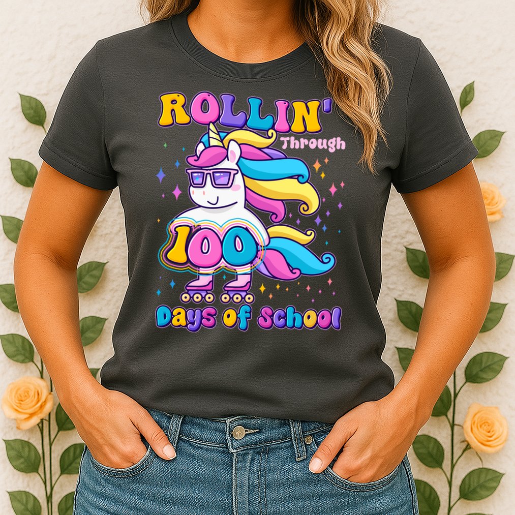 Rollin Through 100 Days Of School Roller Skating Unicorn Womens T-Shirt