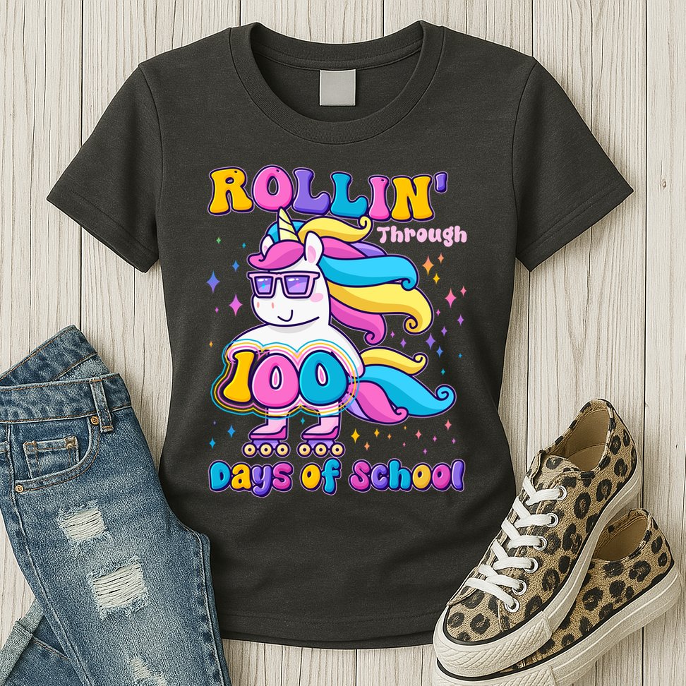 Rollin Through 100 Days Of School Roller Skating Unicorn Womens T-Shirt