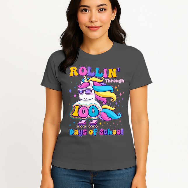 Rollin Through 100 Days Of School Roller Skating Unicorn Womens T-Shirt