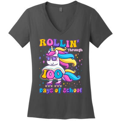 Rollin Through 100 Days Of School Roller Skating Unicorn Women's V-Neck T-Shirt