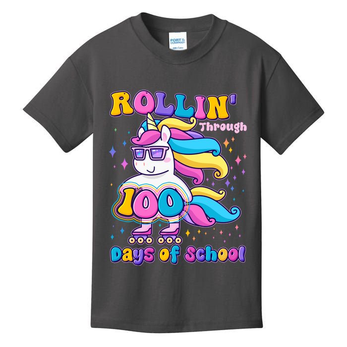 Rollin Through 100 Days Of School Roller Skating Unicorn Kids T-Shirt
