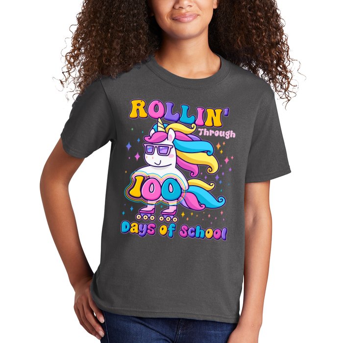 Rollin Through 100 Days Of School Roller Skating Unicorn Kids T-Shirt