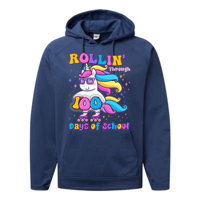 Rollin Through 100 Days Of School Roller Skating Unicorn Performance Fleece Hoodie