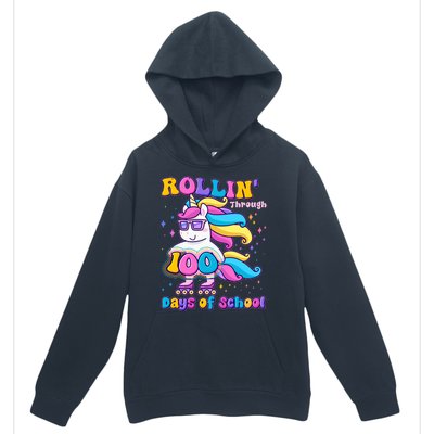 Rollin Through 100 Days Of School Roller Skating Unicorn Urban Pullover Hoodie