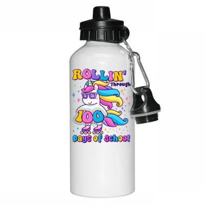 Rollin Through 100 Days Of School Roller Skating Unicorn Aluminum Water Bottle