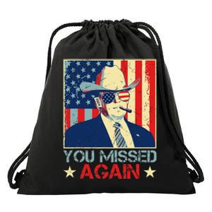 Retro Trump 2024 You Missed Again American Flag Vote Trump Drawstring Bag