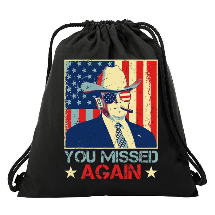 Retro Trump 2024 You Missed Again American Flag Vote Trump Drawstring Bag