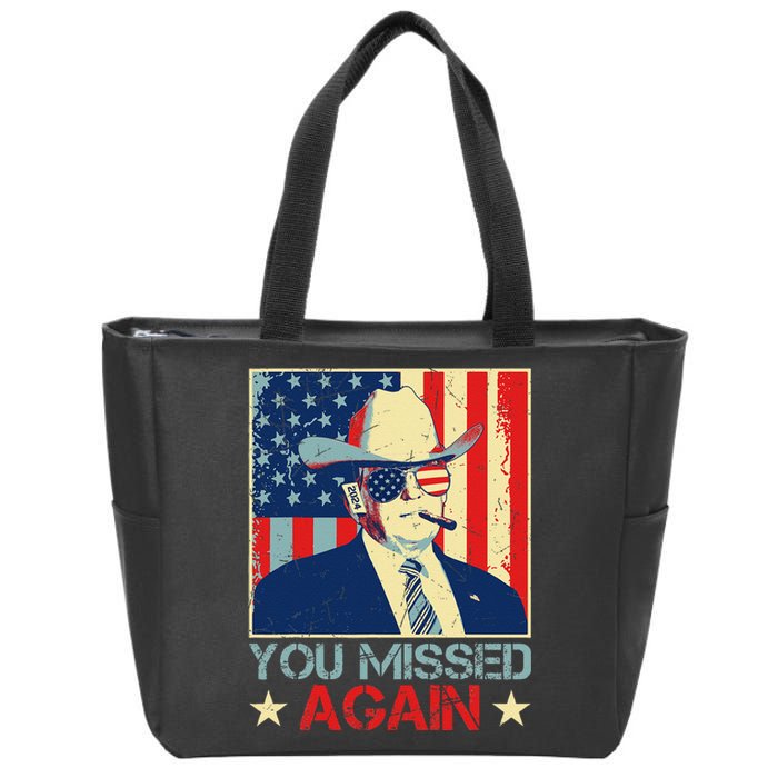 Retro Trump 2024 You Missed Again American Flag Vote Trump Zip Tote Bag