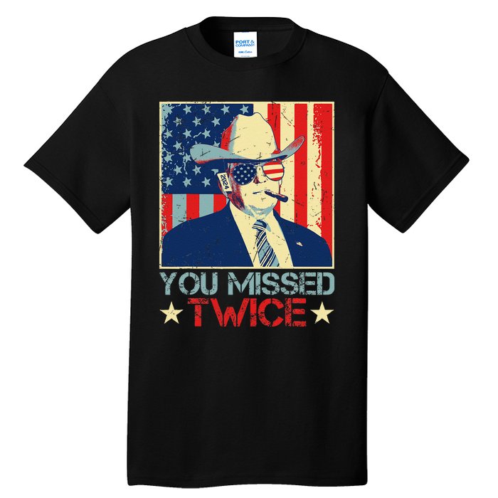 Retro Trump 2024 You Missed Twice American Flag Vote Trump Tall T-Shirt