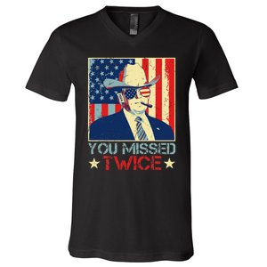 Retro Trump 2024 You Missed Twice American Flag Vote Trump V-Neck T-Shirt