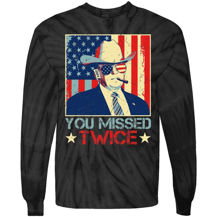 Retro Trump 2024 You Missed Twice American Flag Vote Trump Tie-Dye Long Sleeve Shirt