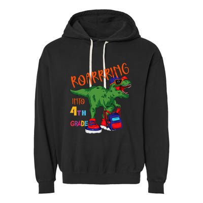 Roarring to 4th grade back to school Dinosaur with backpack Garment-Dyed Fleece Hoodie