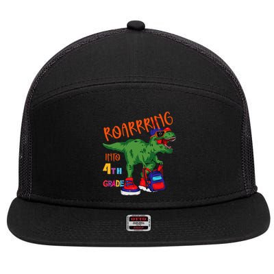 Roarring to 4th grade back to school Dinosaur with backpack 7 Panel Mesh Trucker Snapback Hat