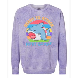 Ready To Attack First Grade Funny Shark Colorblast Crewneck Sweatshirt