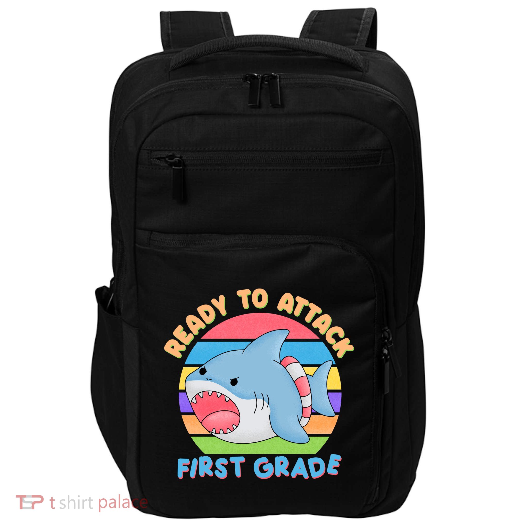 Ready To Attack First Grade Funny Shark Impact Tech Backpack