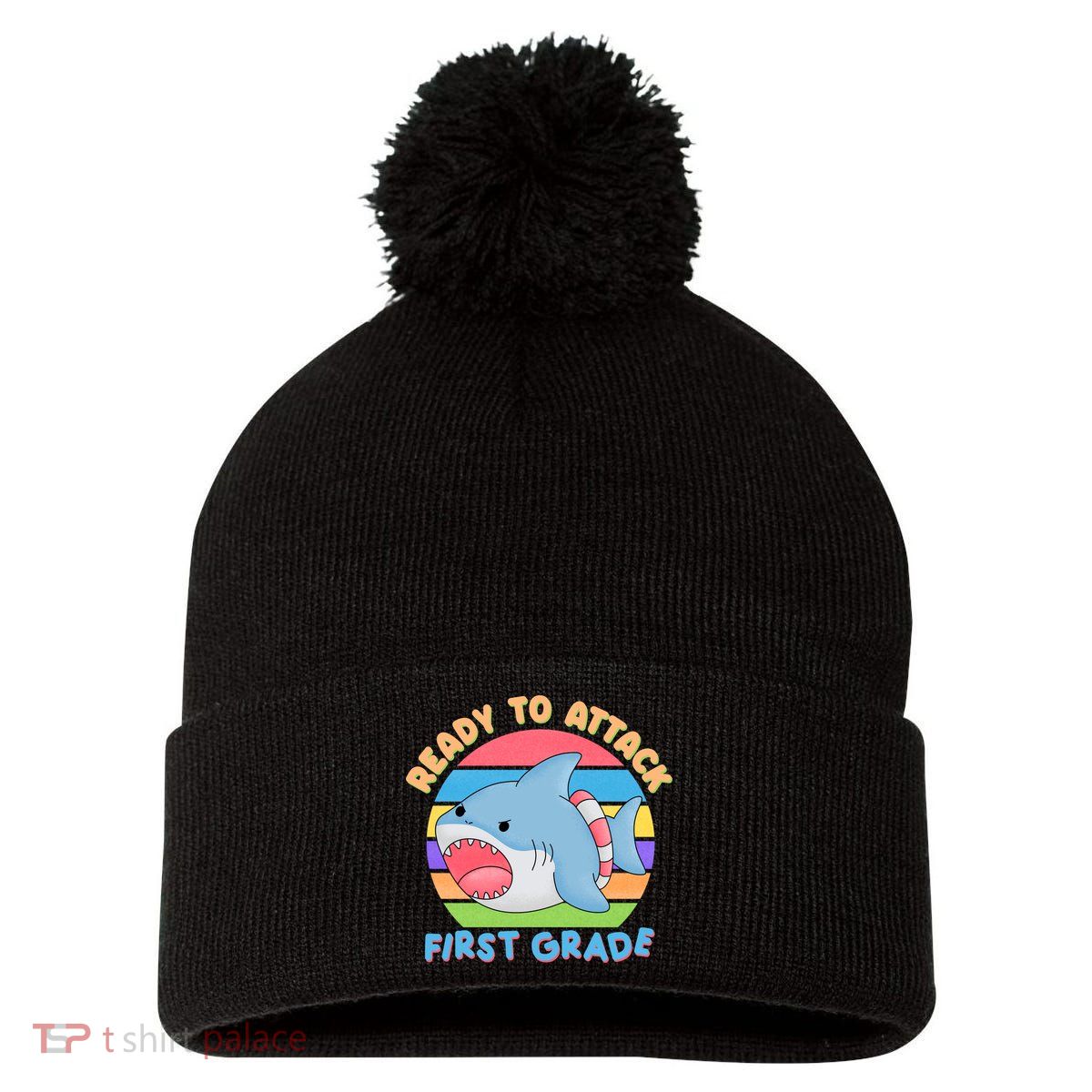 Ready To Attack First Grade Funny Shark Pom Pom 12in Knit Beanie