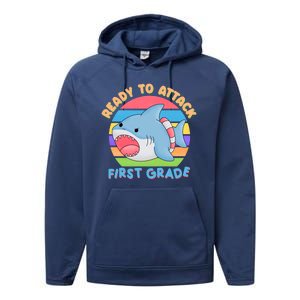 Ready To Attack First Grade Funny Shark Performance Fleece Hoodie