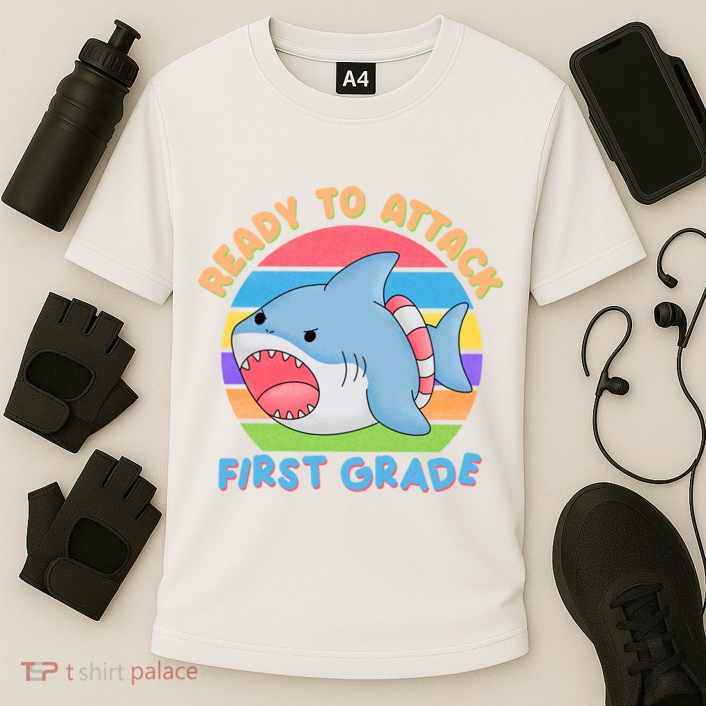 Ready To Attack First Grade Funny Shark Performance Shirt