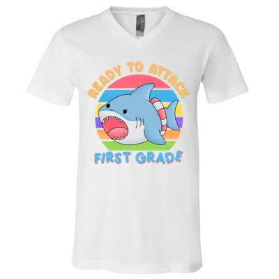 Ready To Attack First Grade Funny Shark V-Neck T-Shirt
