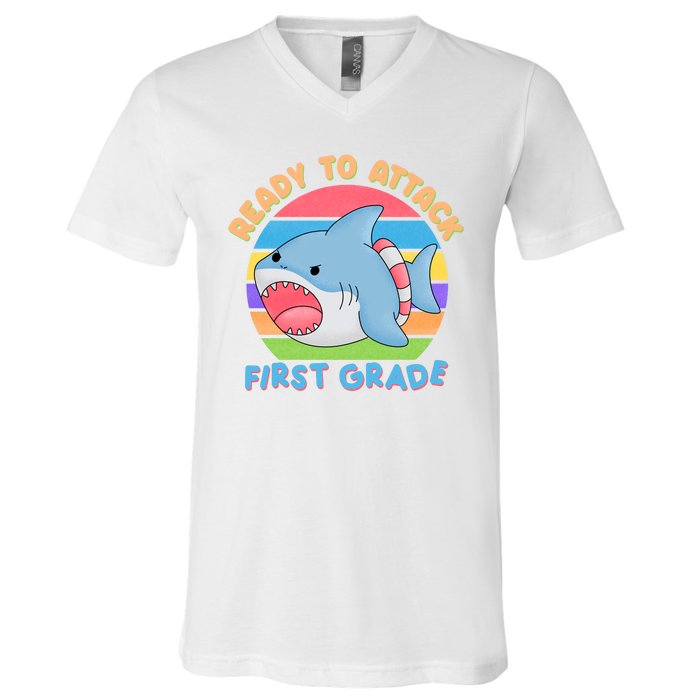 Ready To Attack First Grade Funny Shark V-Neck T-Shirt