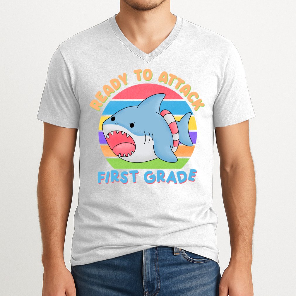 Ready To Attack First Grade Funny Shark V-Neck T-Shirt