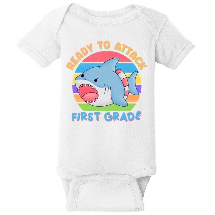 Ready To Attack First Grade Funny Shark Baby Bodysuit