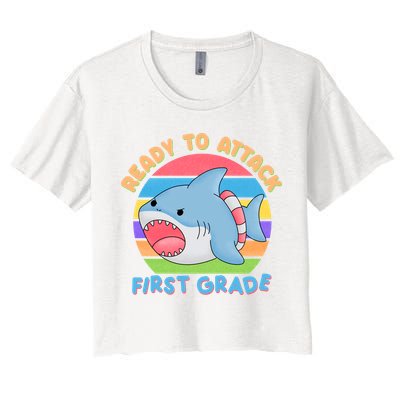 Ready To Attack First Grade Funny Shark Crop Top