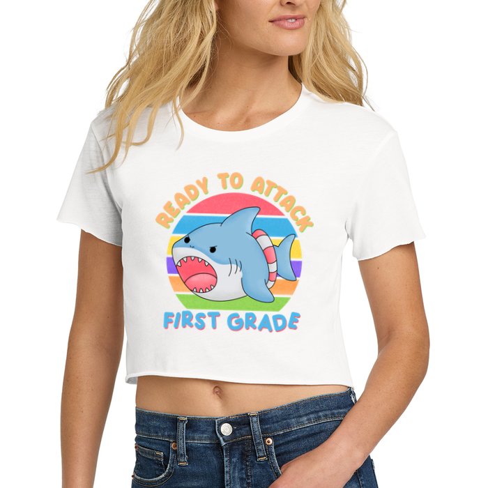 Ready To Attack First Grade Funny Shark Crop Top