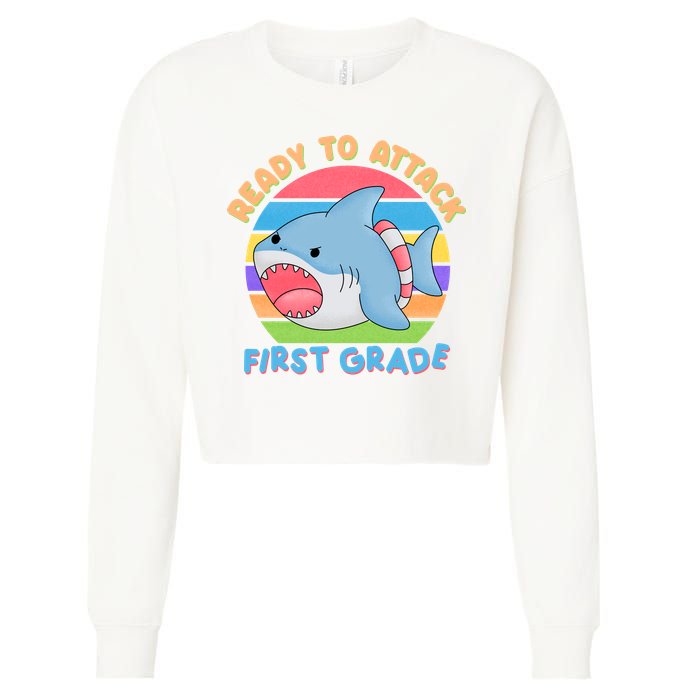 Ready To Attack First Grade Funny Shark Cropped Pullover Crew