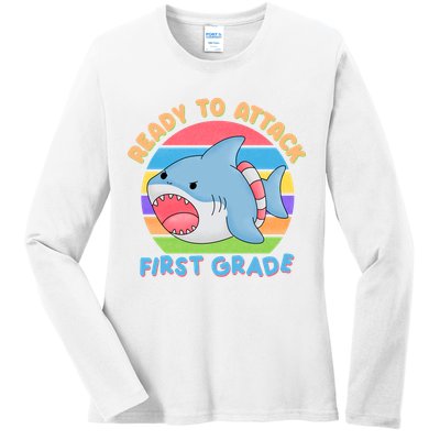 Ready To Attack First Grade Funny Shark Ladies Long Sleeve Shirt