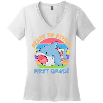 Ready To Attack First Grade Funny Shark Women's V-Neck T-Shirt