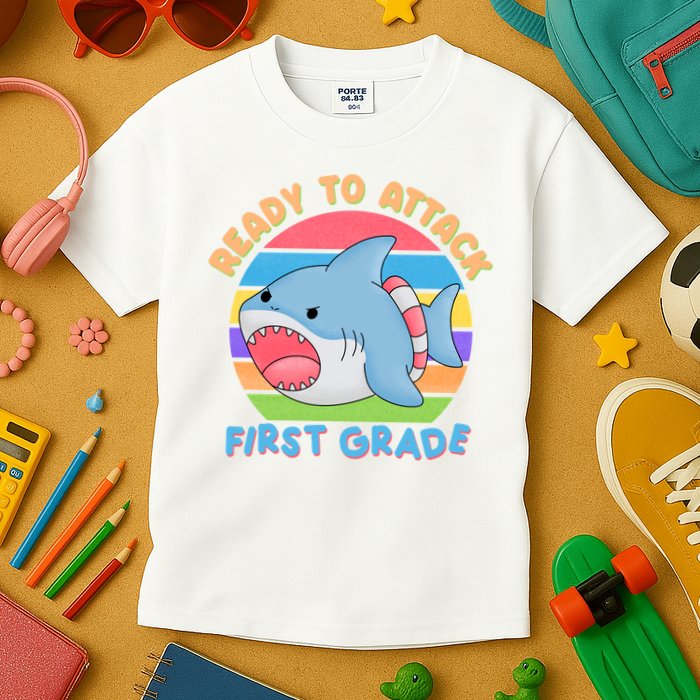 Ready To Attack First Grade Funny Shark Kids T-Shirt
