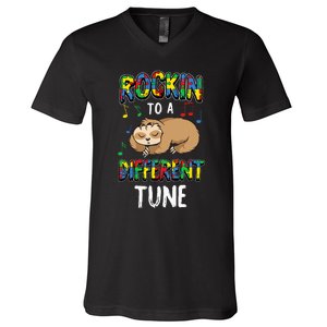 Rocking To A Different Tune Autism Awareness Sloth V-Neck T-Shirt