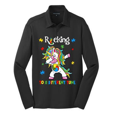 Rocking To A Different Tune Dabbing Unicorn Autism Awareness Gift Silk Touch Performance Long Sleeve Polo